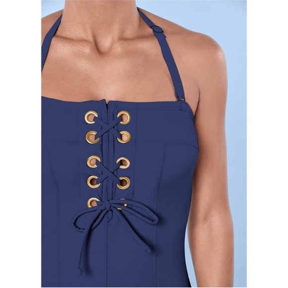 VENUS Swimsuit Blue Lace-Up One Piece Strapless Grommet Stylish Beach 12 NWOT - Picture 11 of 11